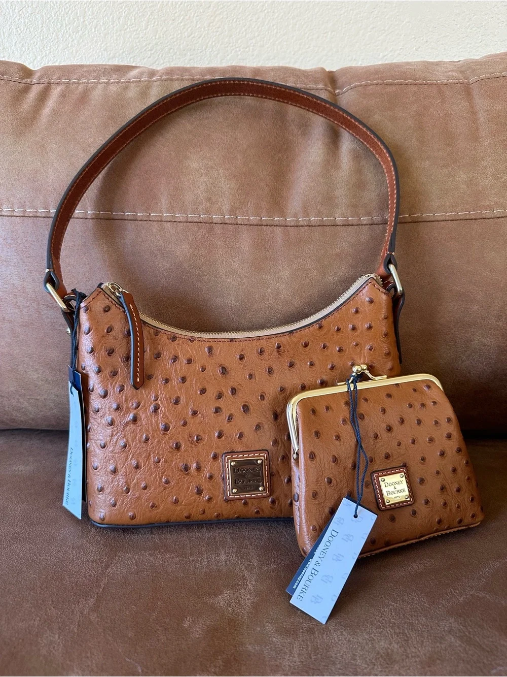 Dooney & Bourke Cognac Ostrich-Embossed Shoulder Bag with Matching Coin Purse